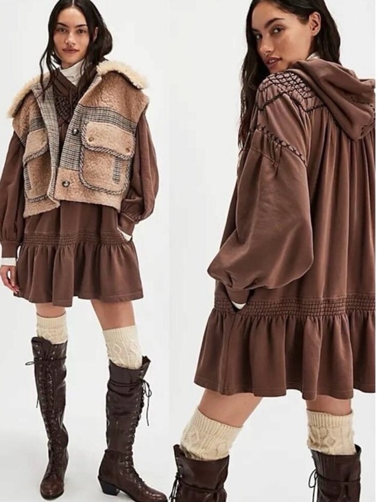 Free People Dresses & Skirts - Free People Bohemian Marty Smocked Mini Dress Brown Bear Sweatshirt Tunic Medium